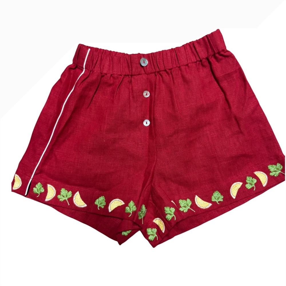 Tombolo Just a Pinch Mini Shorts Red Linen Embroidered Lemon Parsley XS New